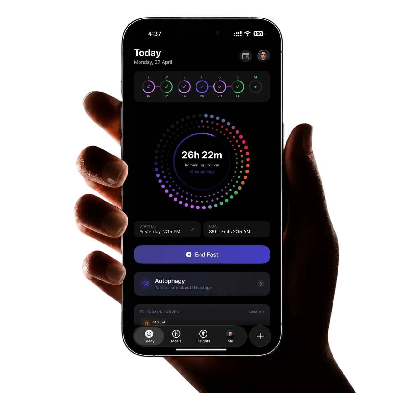 Atomic Fast on an iPhone, showing its fasting timer and daily tracking interface.