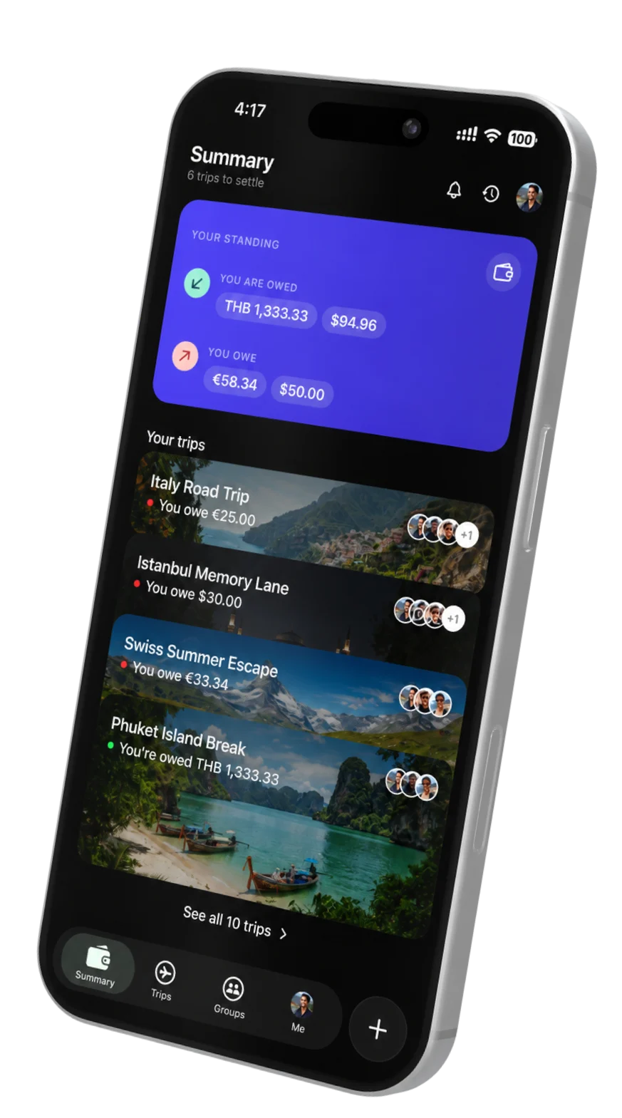 TripMath on an iPhone, showing shared trips and a summary of balances in different currencies.